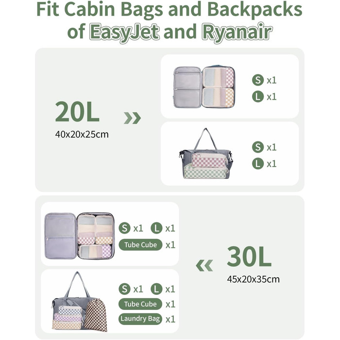 Набір органайзерів для валізи Narwey (6 шт.) - компресійні куби для пакування, рюкзак, органайзери для подорожей (в комбінованому клетчатому стилі)