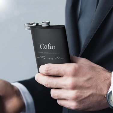 Набір Maverton Flachmann Set: фляга 200 мл з гравіюванням + 4 склянки для шнапсу 20 мл та воронка - фляга для чоловіків, матовий чорний колір