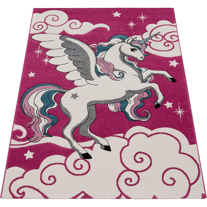 Paco Home Children's Rug for Kids, The Little Unicorn, Pink, Cream, Turquoise, Size: 80x150 cm