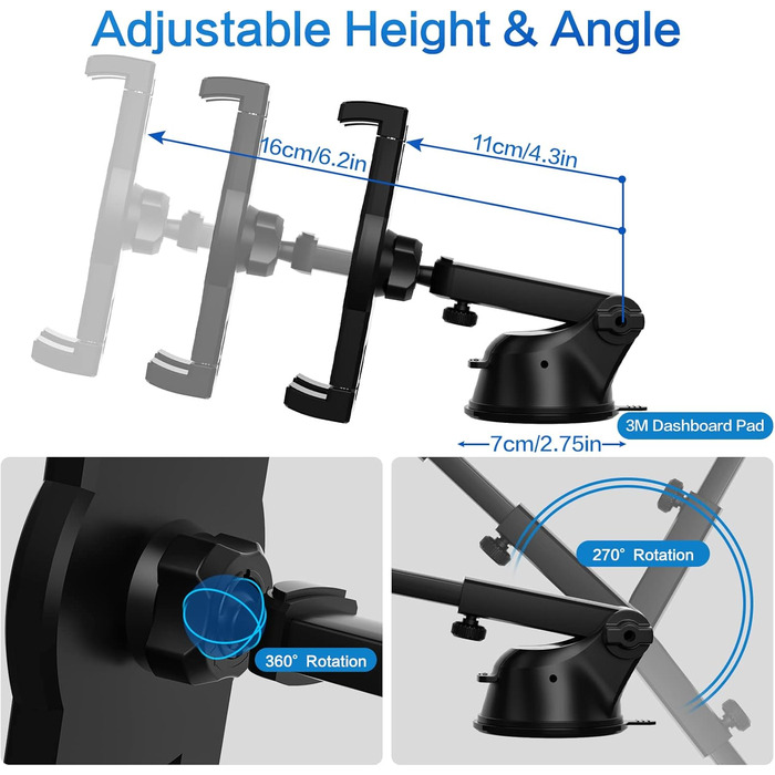 Універсальний тримач для планшетів та телефонів Oilcan 3 в 1: присоска, вентиляція, торпедо. Сумісний з iPad, iPhone, Samsung Galaxy, Fire та іншими пристроями 4-12.9 дюймів
