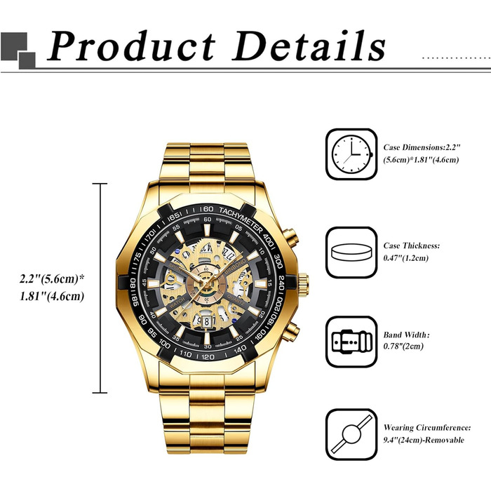 Чоловічий годинник з датою, свідодіодами, 3ATM, водонепроникний, з імітацією механічного, аналоговий кварцовий годинник з календарем, тахіметром, свідодіодами, подарунок для чоловіків (золотий)