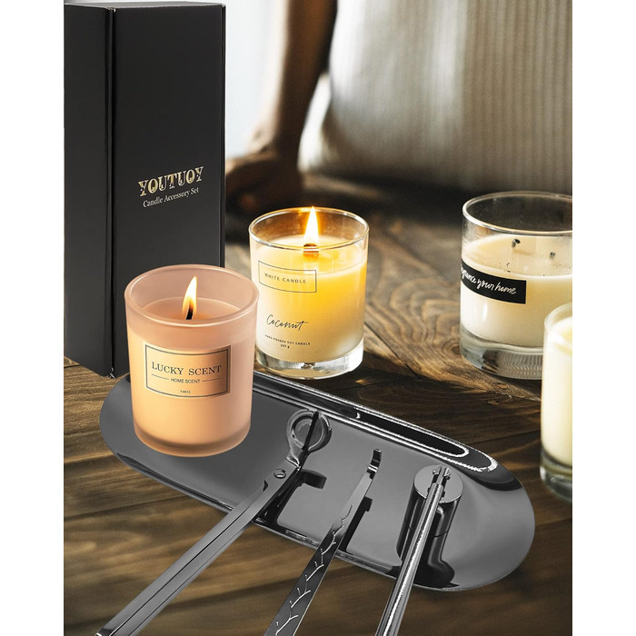 YOUTUOY 4-in-1 Candle Accessory Set with Tray, Wick Trimmer, Wick Snuffer, Storage Tray, ideal for scented candle lovers (Black Silver 4-in-1)