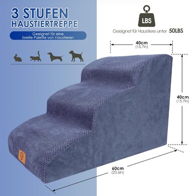 Dog stairs for small dogs, 4 steps pet stairs made of foam with a waterproof cover, detachable dog ramp cat stairs for sofa bed, send 1 fuzz roller (3 steps blue dog stairs)