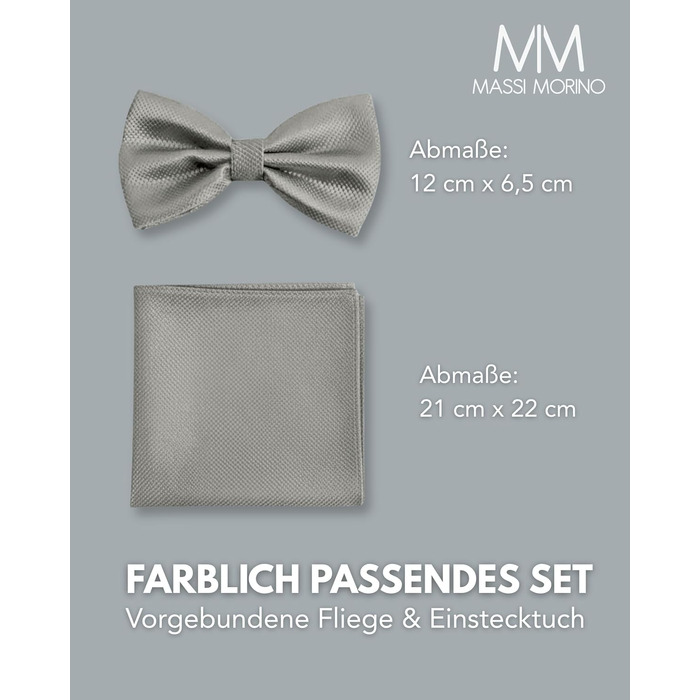 Комплект метелик Massi Morino з нагрудною хустинкою для чоловіків, сірий, регульований - ідеально для весілля та ділового стилю
