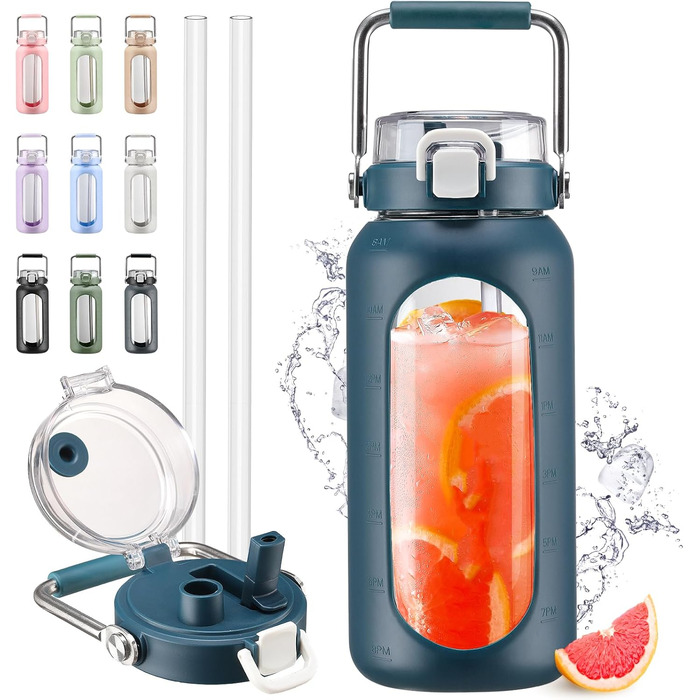 1.9L Glass Water Bottle, Glass Drinking Bottle with Straw and Stainless Steel Handle, Motivational Water Bottle with Silicone Sleeve and Time Marker, Water Pitch, Dark Blue