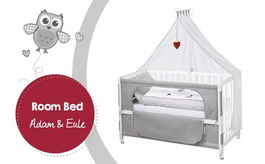 Crib Attachment Bed 60 x 120 cm - Adam & Eule Room Bed - Baby cot to be attached to parent's bed - Includes mattress, bedding, canopy - Mobile & Height adjustable - Wood white / Adam & Eule 126L x 66W x 157H cm