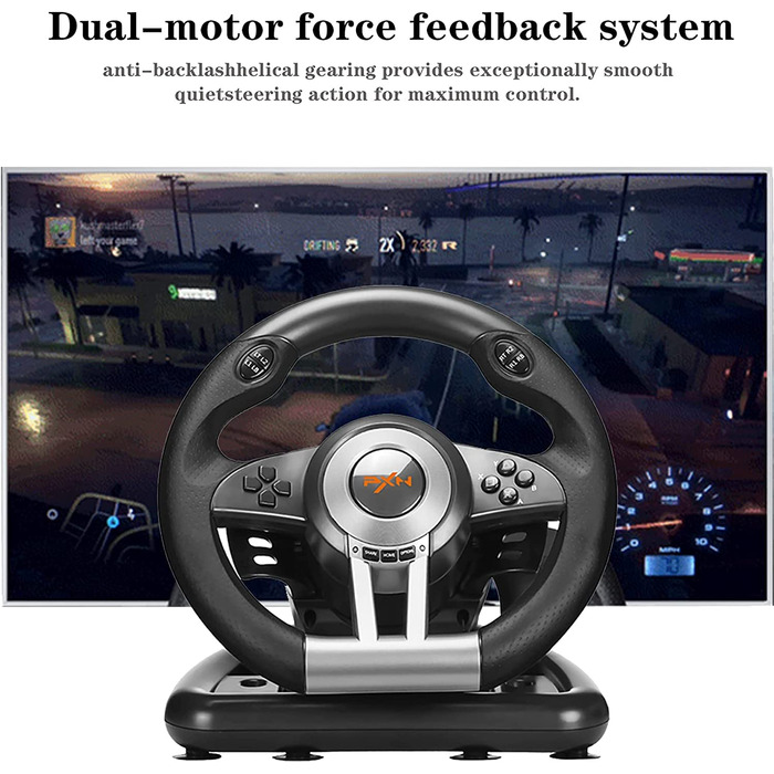 PXN V3II Руль для гонок з педалями, 180°, сумісний з PS3/PS4, Xbox One/Series, Nintendo Switch та PC, чорний