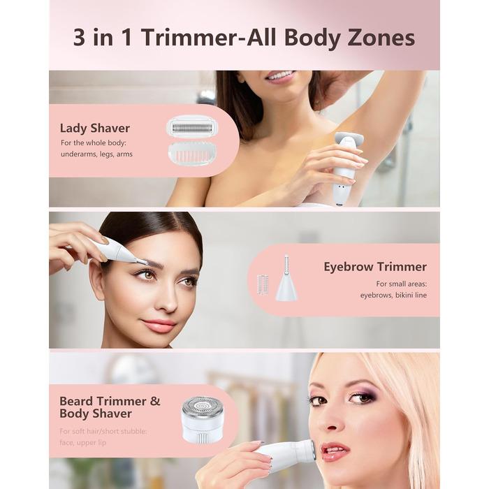 Електричний жіночий тример 3-в-1 для тіла, обличчя, бікіні та ніг. Вологостійкий IPX7, USB-зарядка, білий