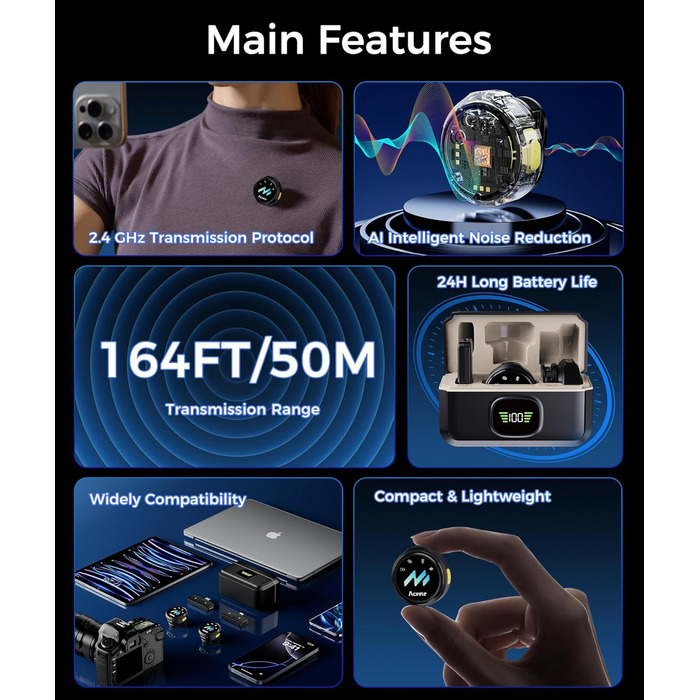 Мікрофон-петличка Aceele бездротовий для iPhone/Android/планшетів/ПК, Hi-Fi звук, шумозаглушення, 24 години роботи, радіус дії 50м, мініатюрний мікрофон для відео/стрімінгу/влогів/подкастів/інтерв'ю з кейсом для зарядки