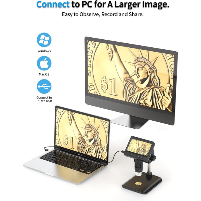 Цифровий мікроскоп AOPICK з LCD екраном, 50X-500X, 4.3 дюйма, 1080P, USB, 8 LED, для дорослих/дітей, сумісний з MacOS/Windows (чорний)