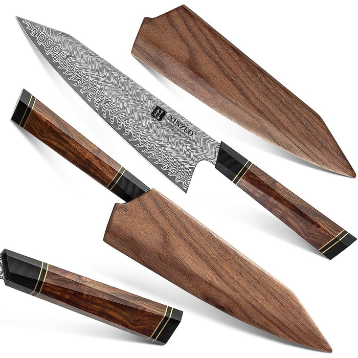 Японський ніж для кухні XINZUO Damaststahl 21.5 см, Kiritsuke, професійний, ручної роботи, з нержавіючої сталі Дамаск, дерев'яний потиск, магнітний чохол, подарункова коробка з акації