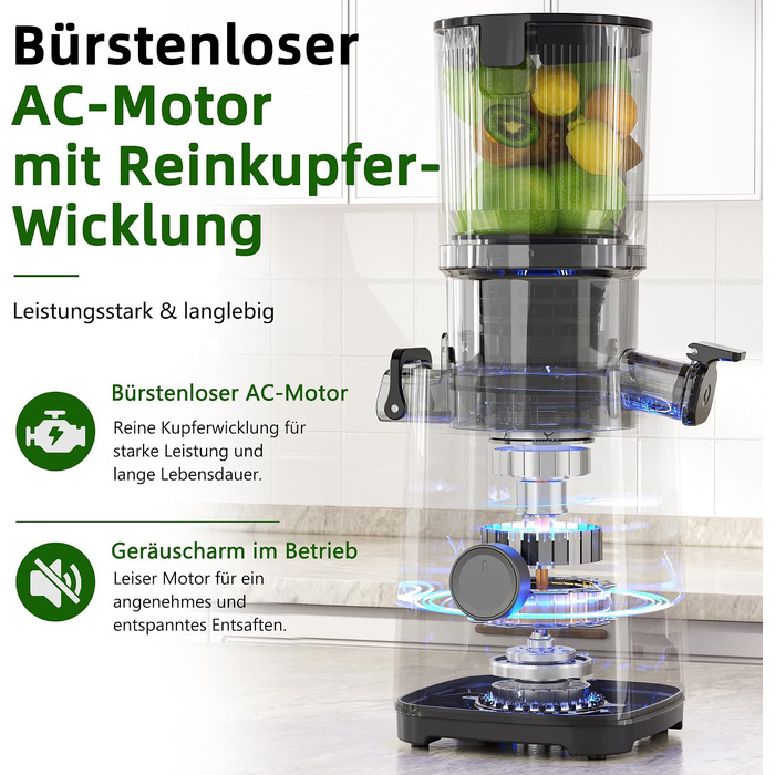 Шнекова соковижималка Slow Juicer для овочів та фруктів з широким завантажувальним отвором 120 мм, холодний віджим, функція самонарізання, 2 сіта, BPA-free