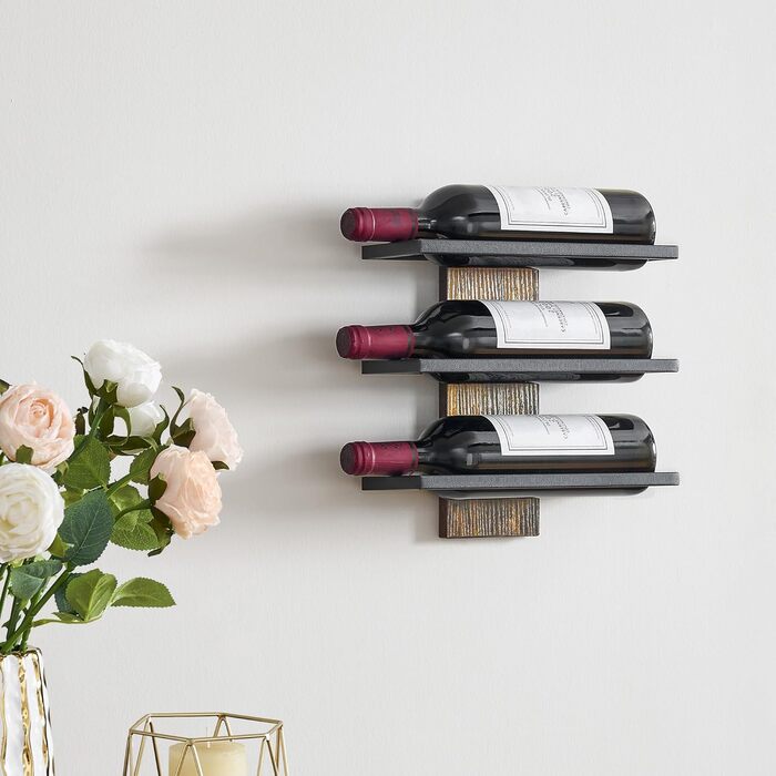 Металева полиця для вина FAVOOSTY на стіну, 3 яруси, чорна - для вітальні, спальні, винного підвалу