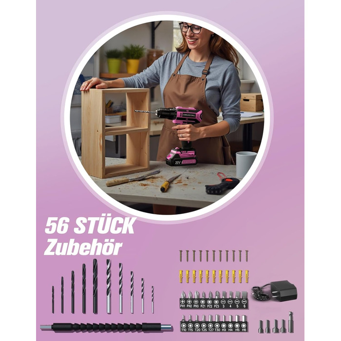 Акумуляторний шурупокрут-дрель 20V, 56 шт. у наборі, 42Nm, LED-підсвітка, рожевий, для дому та майстерні