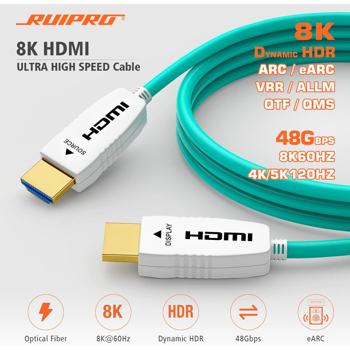 HDMI 2.1 оптоволоконний кабель 1м, 48 Гбіт/с, 8K@60Hz, 4K@120Hz, Dynamic HDR, eARC, Dolby, HDCP 2.2/2.3, сумісний з PS5, Xbox Series X, RTX 4090, TV, Beamer, AVR, зелений