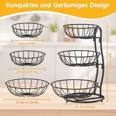 PouHenier 5-ярусная фруктова корзина для кухні, металева етажерка для фруктів та овочів, з тримачем для бананів, чорного кольору