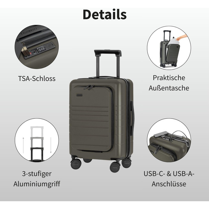 Валіза ETERNITIVE з полікарбонату та ABS: легка, з колесами 360°, з TSA-замком, для ручної поклажі, оливковий колір