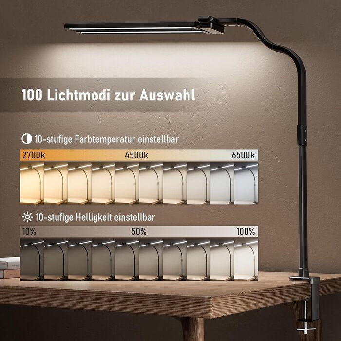 LED лампа для столу Jeebel 24W з двома головками, диммування, 1800LM, 80см, пульт ДК, 10 кольорів, 10 рівнів яскравості, для офісу