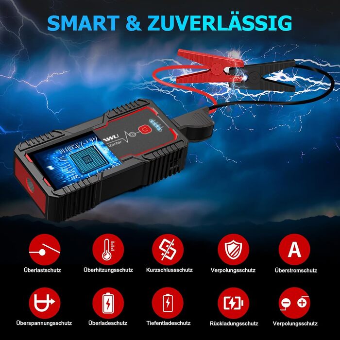 Бустерний пускач автомобіля FOWAWU 2500A 22800mAh для бензинових двигунів до 8л та дизельних до 6.5л, портативний Jump Starter