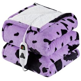 Електрична гріюча ковдра з принтом 'Корова', подвійний розмір, 157 x 213 см, фіолетовий колір, 10 режимів нагріву, автоматичне вимкнення через 8 годин, флісова та шерпа ковдра, тепла, подарунок для жінок, 62'x84' ковдра з принтом 'Високогірна корова'