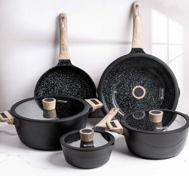 Набір каструль Goldmann 9 шт. з преміум-покриттям – чавунний алюміній з керамічним антипригарним покриттям, підходить для індукційних плит, всіх типів плит, з кришкою з термостійкого скла, для смаження з мінімальним додаванням жиру, стійкий до подряпин, м