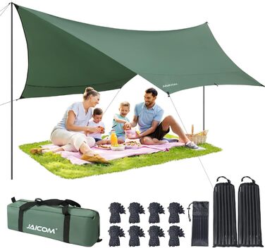 Водонепроникна тента Tarp 3.7 x 4.3 м з підтримкою, ультралегка, з отворами, штирями, нейлоновою мотузкою, захист від УФ та дощу, для наметів, гамаків, подвір'я, сонцезахисту на пляжі (зелена)