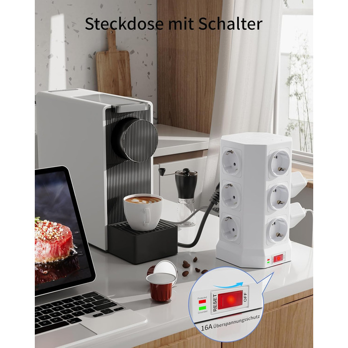 Блок розеток із захистом від перенапруги (3680W/16A), 12 розеток з 5 USB, мережевий фільтр з вимикачем, 1,5м кабель, захист 1050J, для дому/офісу, білий