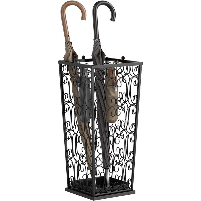 AcornFort Large Black Metal Umbrella Stand with 4 Hooks - Entryway, Office, Hallway Storage - Water Resistant Base (56x25x25cm)