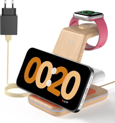 Бездротовий зарядний пристрій JoyGeek 3-в-1 з бамбуковою текстурою для iPhone, Apple Watch, AirPods