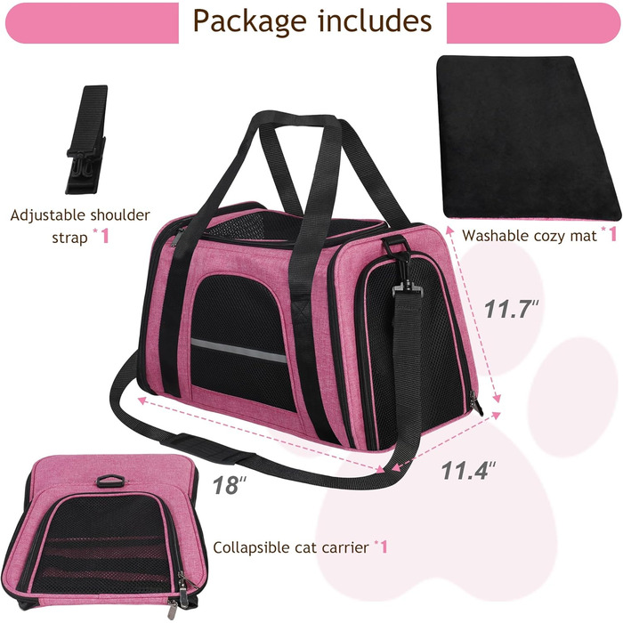 Транспортна сумка для котів HiCaptain, складана, з плечовим ременем, м'яка, для маленьких собак та цуценят до 7 кг (рожева), 46 x 29 x 30 см