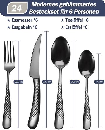 Сучасний набір столових приборів на 24 предмети: чорний, з нержавіючої сталі 18/10, з ножем 2-в-1 з хвилястим лезом, для 6 осіб