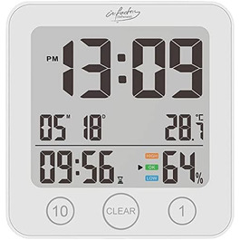 infactory Bathroom Radio Clock: Digital Bathroom Radio Wall Clock with Thermometer, Aluminum, Suction Cups, IP24 (Bathroom Radio Clock Digital, Clock, Gift Ideas) (1 piece, square)