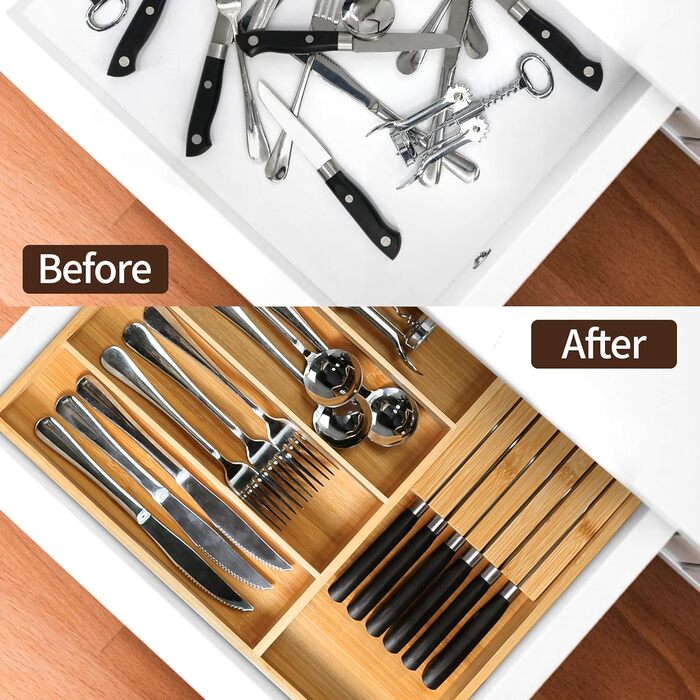 VaeFae Bamboo Cutlery Organizer, Utensil Holder for Drawer, Wooden Cutlery Tray with Divider for Kitchen, Cutlery Storage and Removable Knife Block