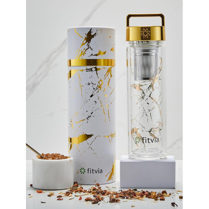 Термопляшка Fitvia 380 мл з подвійними стінками, мармуровий дизайн, сито для чаю, зручна ручка (Золотий мармур)