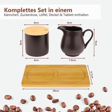 Набір для молока та цукру з кришкою та ложкою: молочник чорний керамічний та цукорниця з дерев'яним підносом, придатний для миття в посудомийній машині та використання в мікрохвильовій печі