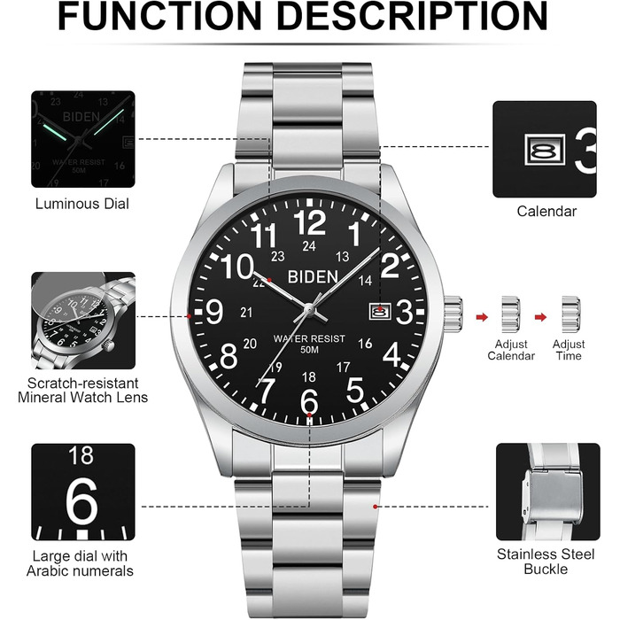 Годинник чоловічий LENQIN з нержавіючої сталі, кварцовий, аналоговий, водонепроникний (30M), стильний, повсякденний, срібно-чорний