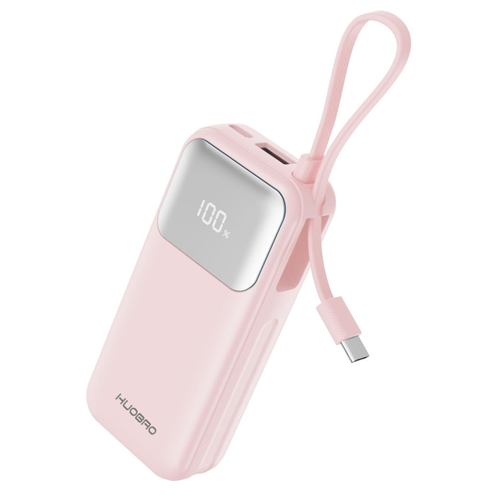 Power Bank 10000mAh з USB-C кабелем, PD 35W, LCD дисплей, рожевий