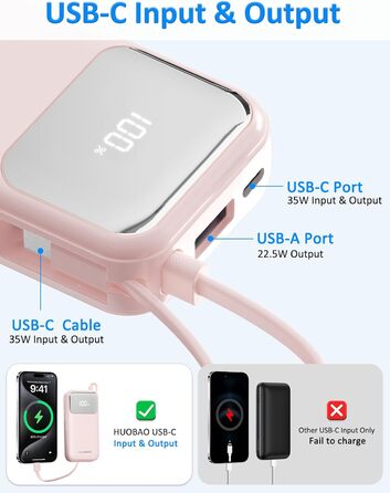 Power Bank 10000mAh з USB-C кабелем, PD 35W, LCD дисплей, для iPhone, Samsung, iPad та інших пристроїв (Блакитний)