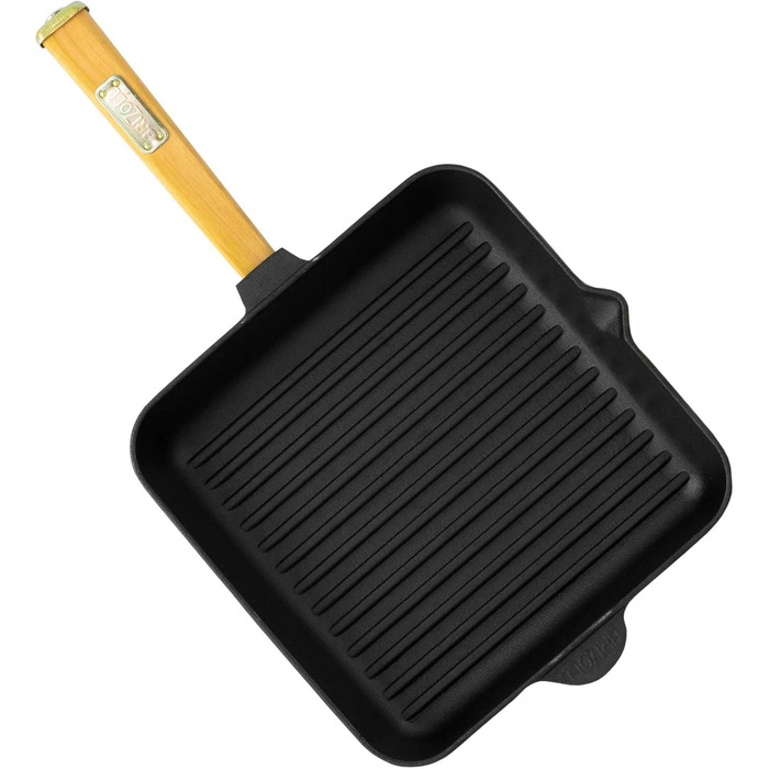 Чавунна сковорода гриль 26 см з дерев'яною ручкою для газових грилів, духовки, індукції та відкритого вогню
