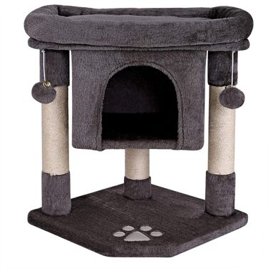 Lionto Scratching Post for Cats with Cave & 2 Plush Balls incl. Bell, Height 60 cm, Cat Tree with Robust Sisal Rope & Soft Plush, Cozy Lying Area, for Small & Large Cats (Dark Grey)