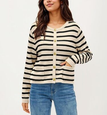 Жіноча коротка в'язана жилетка з двома кишенями на ґудзиках, смугаста, повсякденний осінній кардиган з круглим вирізом, модний в'язаний пуловер (L, Абрикосовий)