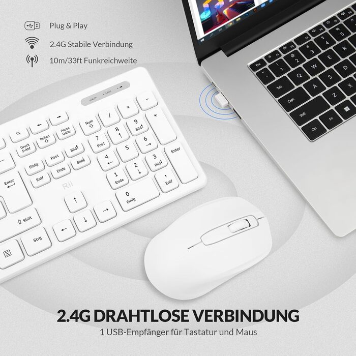 Набір клавіатури та миші Rii (2 шт.) бездротовий, для PC/Laptop/Windows/Smart TV, німецька розкладка, чорний