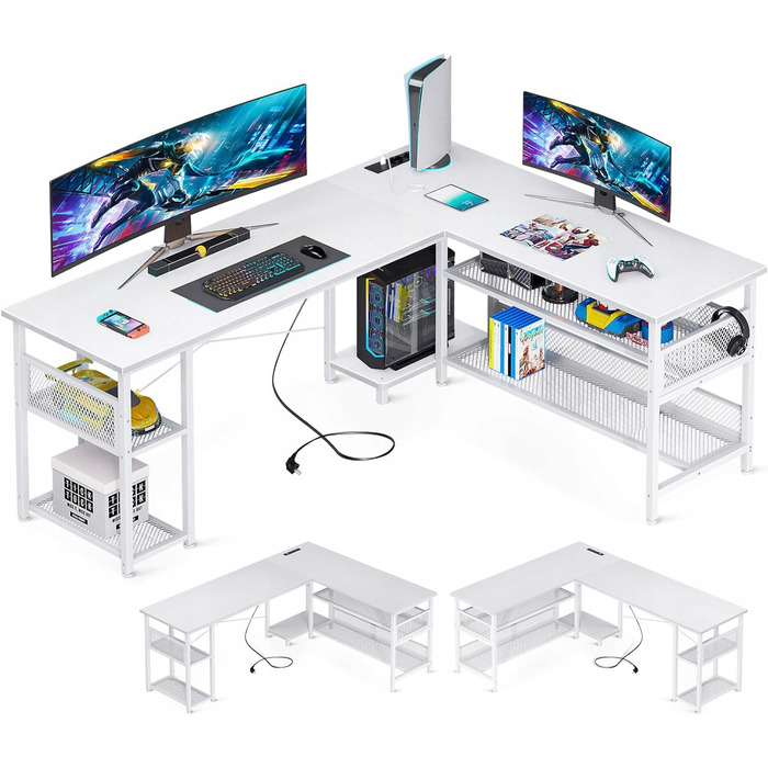 Кутовий ігровий комп'ютерний стіл 168x120 см, білий, з подовжувачем