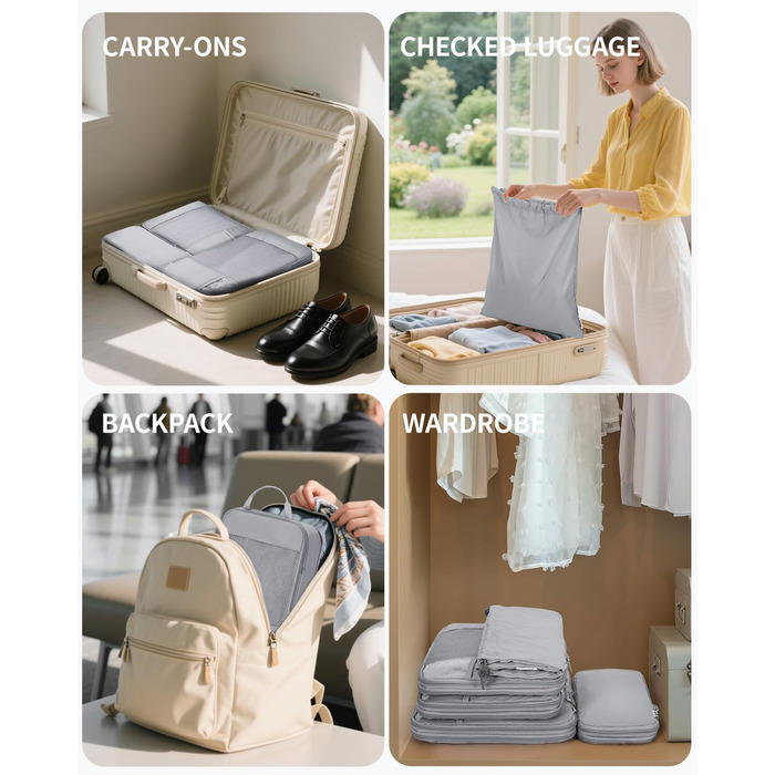 Narwey Набір з 5 органайзерів для валізи, компресійні кубики для подорожей, сірий