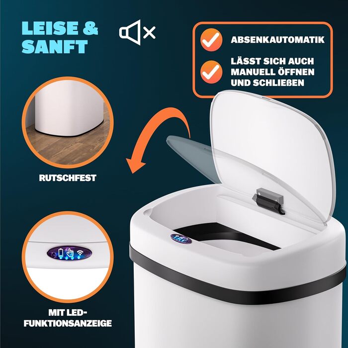Сміттєвий бак Monzana з сенсором 50л, нержавіюча сталь, електричний, з LED-дисплеєм, білий