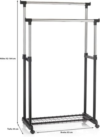 IDIMEX Wardrobe Trolley Grosso Clothes Rack Rolling Wardrobe Clothes Rack, with Shoe Storage, 2 Clothes Rails, Height Adjustable, Chrome-Plated Metal Pipe, in White (Black)