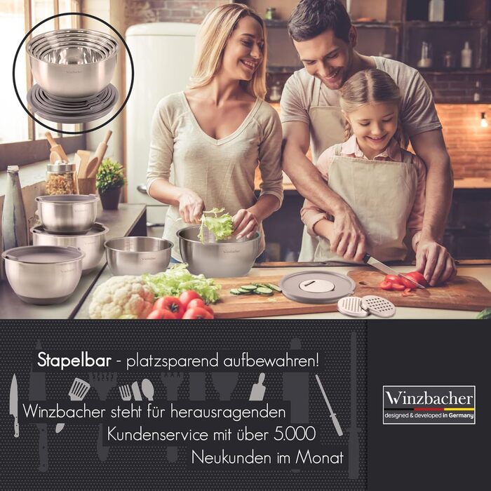 Stainless Steel Bowl Set with Lids [Set of 5] 1L + 1.5L + 2.5L + 3.5L + 4.5L | Mixing Bowls, Salad Bowls, Bowl Set | Non-slip | Stackable | Dishwasher Safe | Includes Grater