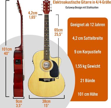 3rd Avenue 4/4 Вестерн-гітара (набір) з вирізом, для початківців – 6 місяців безкоштовних уроків, чохол, ремінь, медіатори та запасні струни – натуральний колір, електроакустична