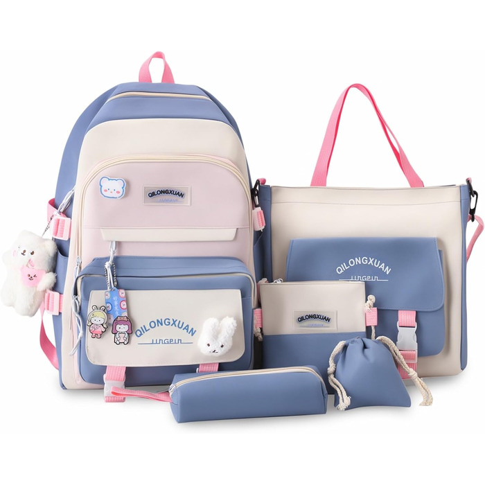 Набір шкільних рюкзаків IvyH 5-ти частинний: рюкзак для дівчинки, сумка для школи, рюкзак для підлітків, 3-7 клас, з пеналом та сумкою для покупок, 45 см, рожевий (8583# Синій)