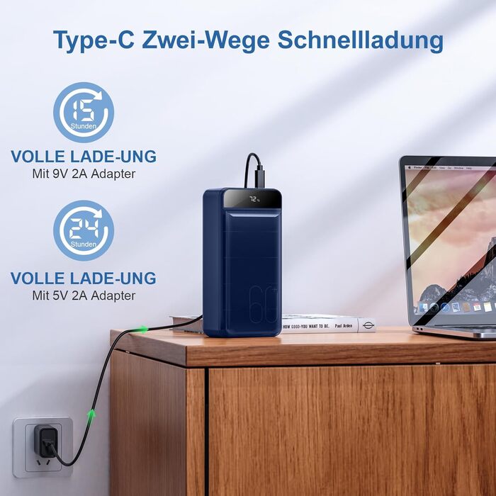 Powerbank 60000mAh з LED-дисплеєм, 22,5W PD, 4 виходи USB та 3 входи, сумісний з iPhone, Android та іншими пристроями (синій)